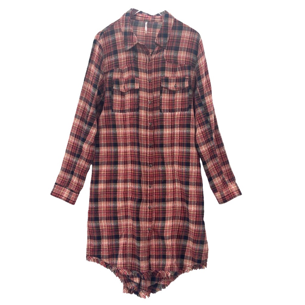 Free People Dress Plaid Shirt Long Sleeve Button Up Cotton Raw Hem SZ Medium